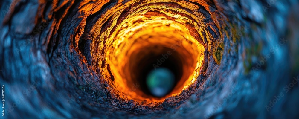 Aufkleber mystical natural concept. an abstract view of a deep hole with warm light illuminating its inner str