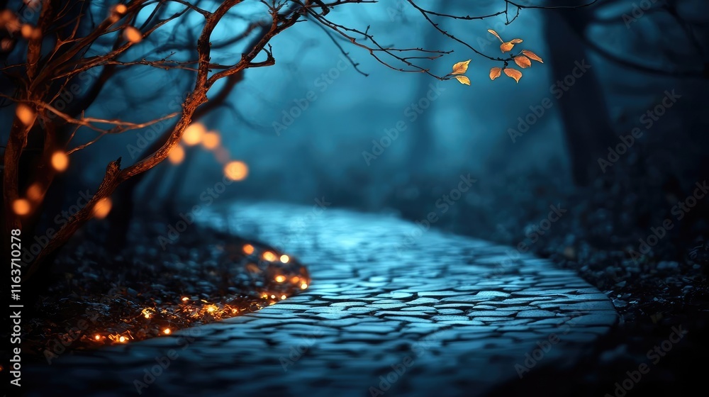 Poster mystical wild idea. a serene path illuminated by soft lights amidst a tranquil, misty forest setting