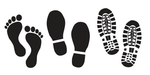 Foot print vector illustration set with shoes bare feet and boot print