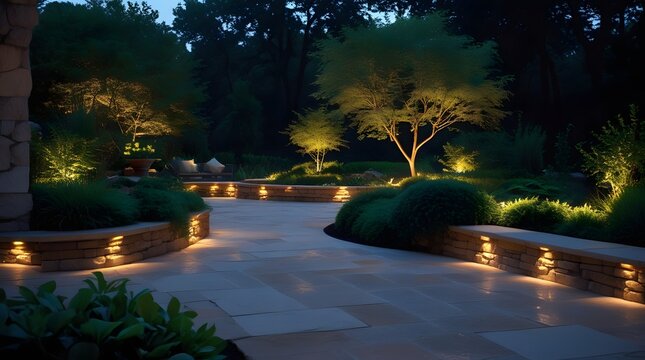 Outdoor Patio with Accent Lighting Enhancing Landscaping Features
