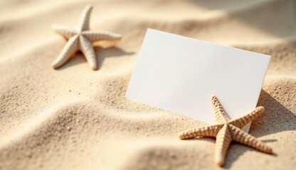 Business card mockup with blank card on sandy surface with starfish, tropical setting, copy space