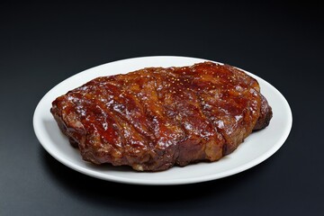 Obraz premium Juicy, caramelized beef steak on a white plate, showcasing mouthwatering tenderness and rich color.