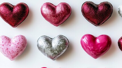 Fototapeta premium Romantic Valentine's Day Hearts Collection- Shiny Pink, Red, and Silver Chocolate Candies