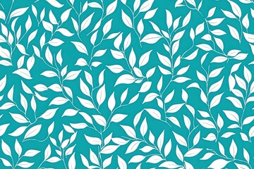 Delicate White Leaves Pattern on Teal Background