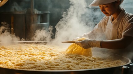 A worker skillfully manages a large vat of steaming noodles in a busy production setting. The process showcases modern food production techniques aided by ai, ensuring quality and efficiency.