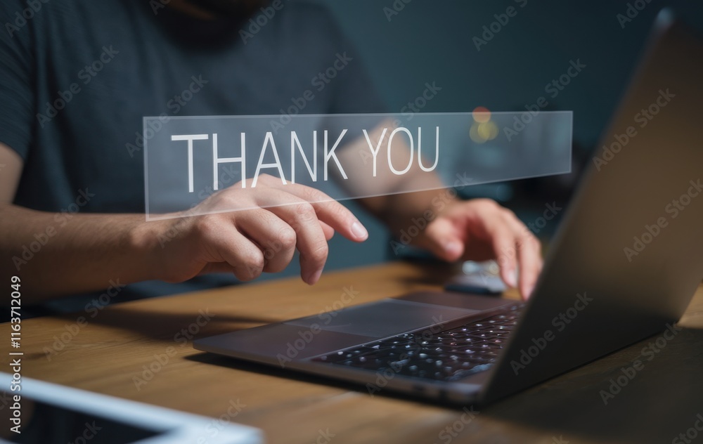 Poster group of businessmen collaborating on a laptop displaying a thank you message, ideal for articles an