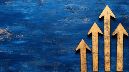 Conceptual representation of growth with upward arrows on a blue textured background showcasing progress and success in business