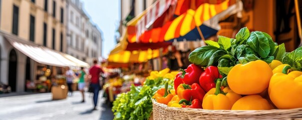 Scenery sightseeing idea. Vibrant street market featuring fresh vegetables and colorful stalls under sunny skies.