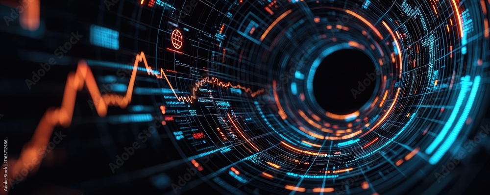 Poster crash market idea. futuristic digital tunnel with glowing lines and data visualizations.