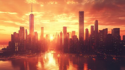 Fototapeta premium Manhattan Skyline at Sunset: A fiery spectacle of urban architecture