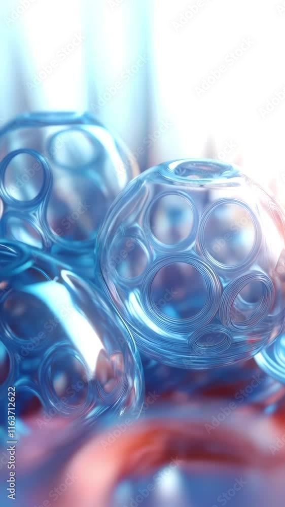 Poster vertical composition with animation of transparent spherical shapes surrounded by light accents, pla