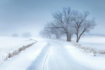 Fototapeta premium Winter landscape featuring a snowy road with frosted trees in a quiet, misty atmosphere