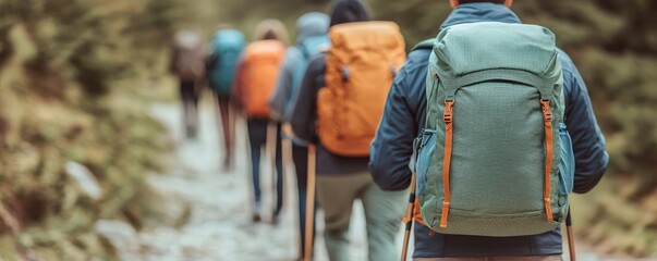 Scenery sightseeing idea. A group of hikers trekking through a scenic forest trail during an outdoor adventure.
