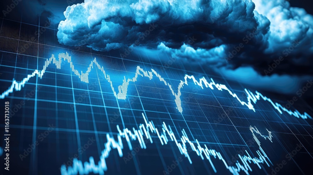Poster crash market idea. digital graph displaying financial trends with dark clouds in the background.