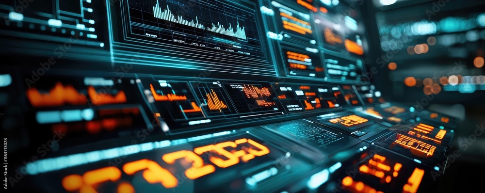 Poster crash market idea. futuristic control panel with glowing screens and digital graphs for advanced tec