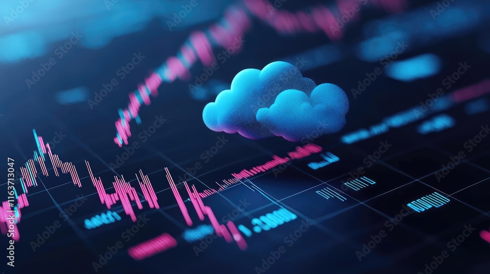 Poster crash market idea. data analysis graphic with a cloud icon and fluctuating market graphs in blue and