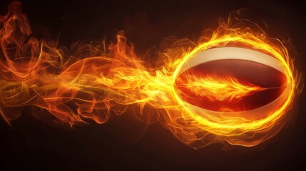 Fiery Rugby Ball On Fire A Dramatic Image of a Rugby Ball Engulfed in Flames, 3D Illustration