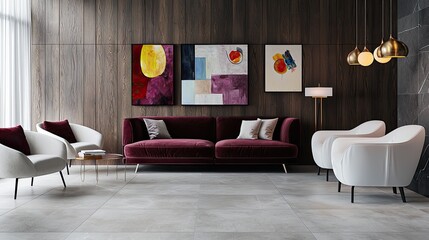A cozy modern living room with light gray tiles and dark wood wall panels