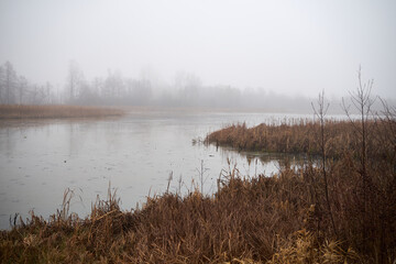 Obraz premium zbiornik wodny,brzeg,mgła 