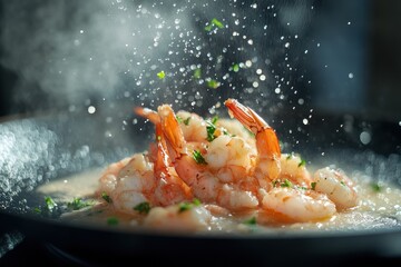 Delicious shrimp cooking in a sizzling pan, with steam and herbs creating an inviting culinary scene.