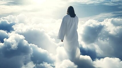 Beautiful Easter video with Jesus Christ walking on white clouds in heaven. with outstretched arms. Against the background of the sky. Religious theme with the heart and the Son of God, the savior - Powered by Adobe