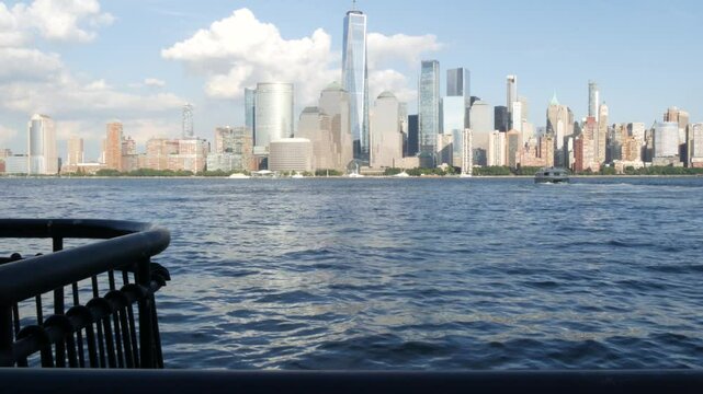 New York City waterfront skyline, Manhattan Downtown Financial district, World Trade Center building, riverfront skyscrapers. From Paulus Hook, New Jersey. United States architecture. Hudson river.