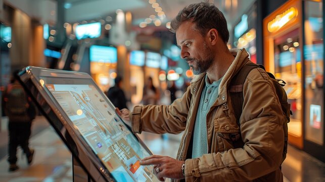 Man Interacting with a Touchscreen Kiosk in a Shopping Mall