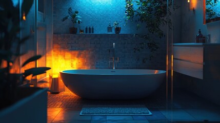 Serene Nighttime Bathroom Oasis: Modern Tub, Plants, and Warm Lighting