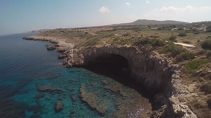 Obraz premium Aerial View Stunning Coastal Cave Turquoise Seacliff