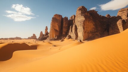 Majestic Sand Dunes and Rock Formations in the Sahara Desert