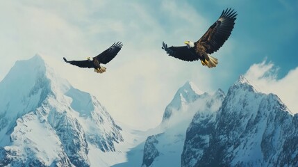 Majestic Eagles Soaring Over Snowy Mountain Peaks