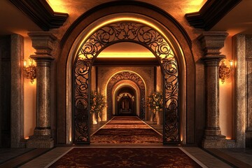 Fototapeta premium Elegant Grand Palace Hallway with Ornate Archways