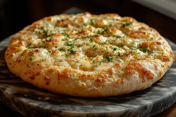 Delicious golden-brown garlic bread topped with melted cheese and fresh herbs on a marble serving board.