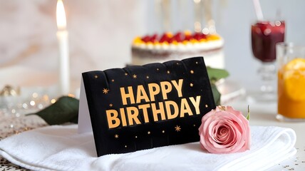 black velvety happy birthday card with a rose lying on towel