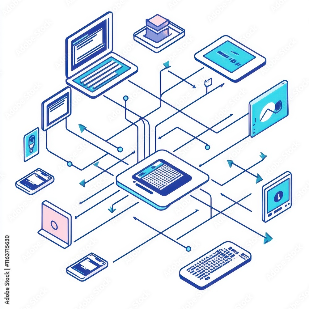 Aufkleber digital devices interconnected in a network, showcasing modern technology concepts.
