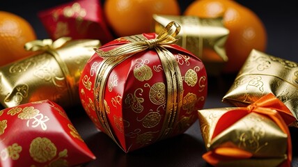 Mandarin orange Chinese gold and red packet