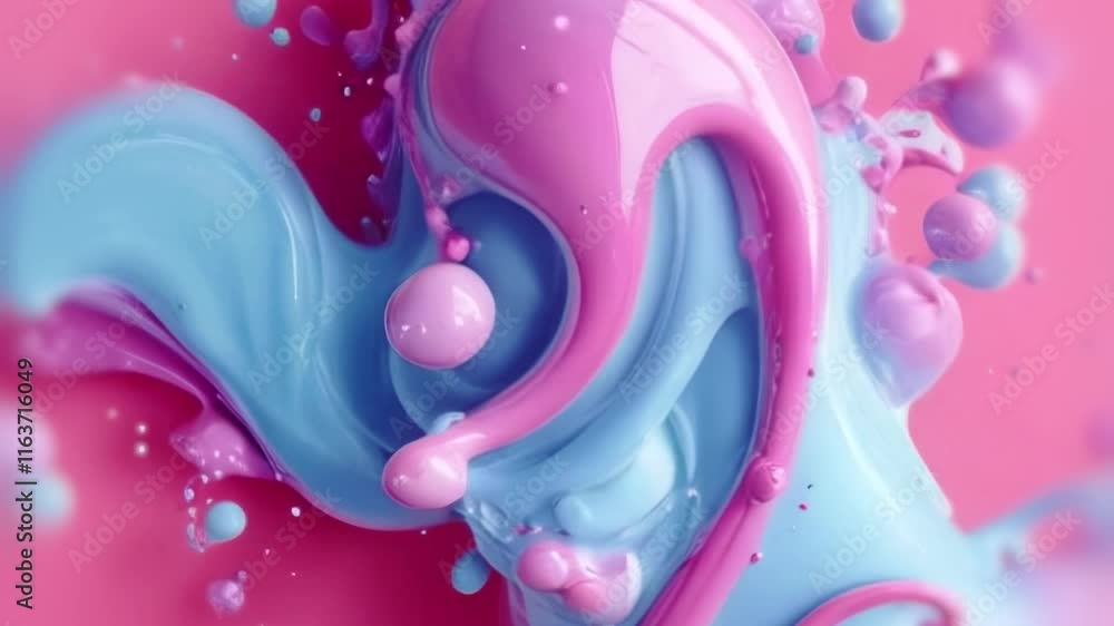 Poster Animation with fluid shapes in pastel pinks and blues. Smooth movements of drops and splashes create an effect of lively dynamics, lightness and elegance