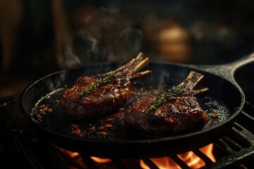 Sizzling grilled lamb chops with thyme in a cast iron skillet over an open flame.