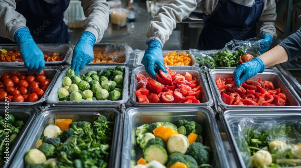 Poster workers in gloves are skillfully sorting and assembling a variety of fresh vegetables on a food prod