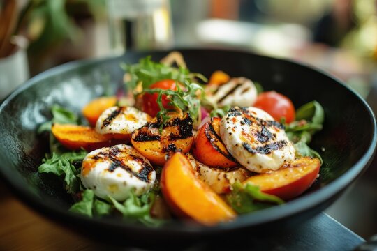 Delicious grilled peach and mozzarella salad featuring vibrant colors and fresh ingredients.