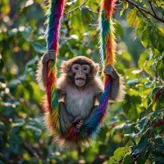 Obraz premium A monkey cub with fur in rainbow hues swinging from vines, with blurred treetops.