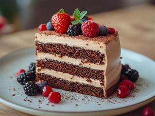 Food photo: a piece of chocolate cake with raspberries, strawberries and blueberries.