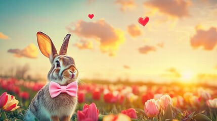 Fototapeta premium Valentine's day celebration cute rabbit in pink bowtie amidst tulips