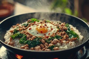 Delicious stir-fried rice with chicken, fresh spinach, and a sunny-side-up egg, served hot.