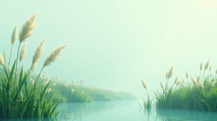 Serene riverbank scene with delicate plumes of pampas grass gently swaying in a tranquil morning mist