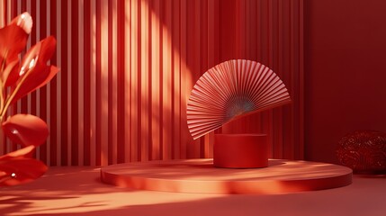 Chinese New Year Red Podium Display Mockup on Red Background
