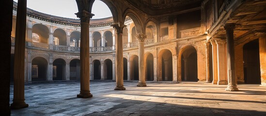 Ancient stone courtyard with arches and columns.