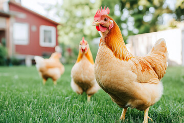 Buff orpington chickens pecking in green grass backyard  near a red barn on a farm