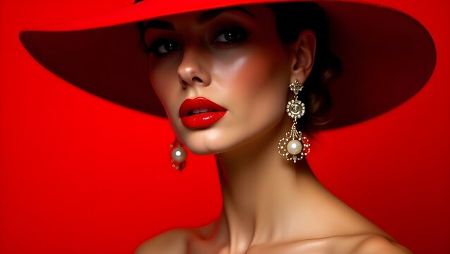detailed portrait of a women in make up wearing a red hat and jewelry 