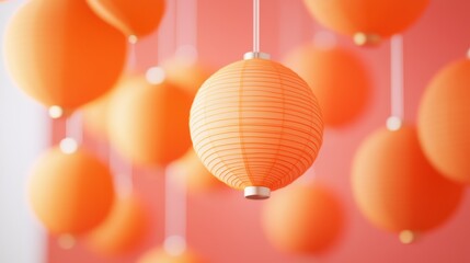 Obraz premium A vibrant display of hanging orange lanterns against a soft pink background, creating a cheerful and festive atmosphere.